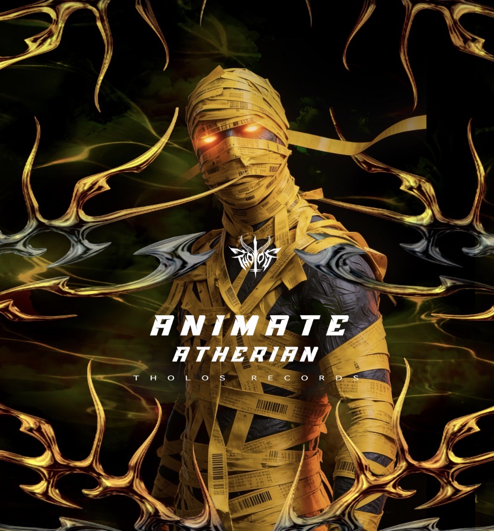 Animate by Atherian on Tholos Records: a gold-wrapped figure with glowing eyes surrounded by metallic thorns.